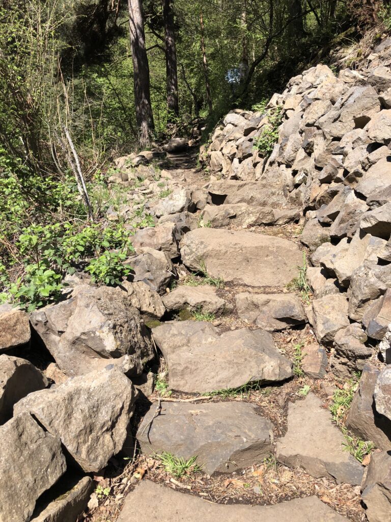 Emmarchement en pierre dans le sous-bois sur le parcours de la cascade de la Beaume