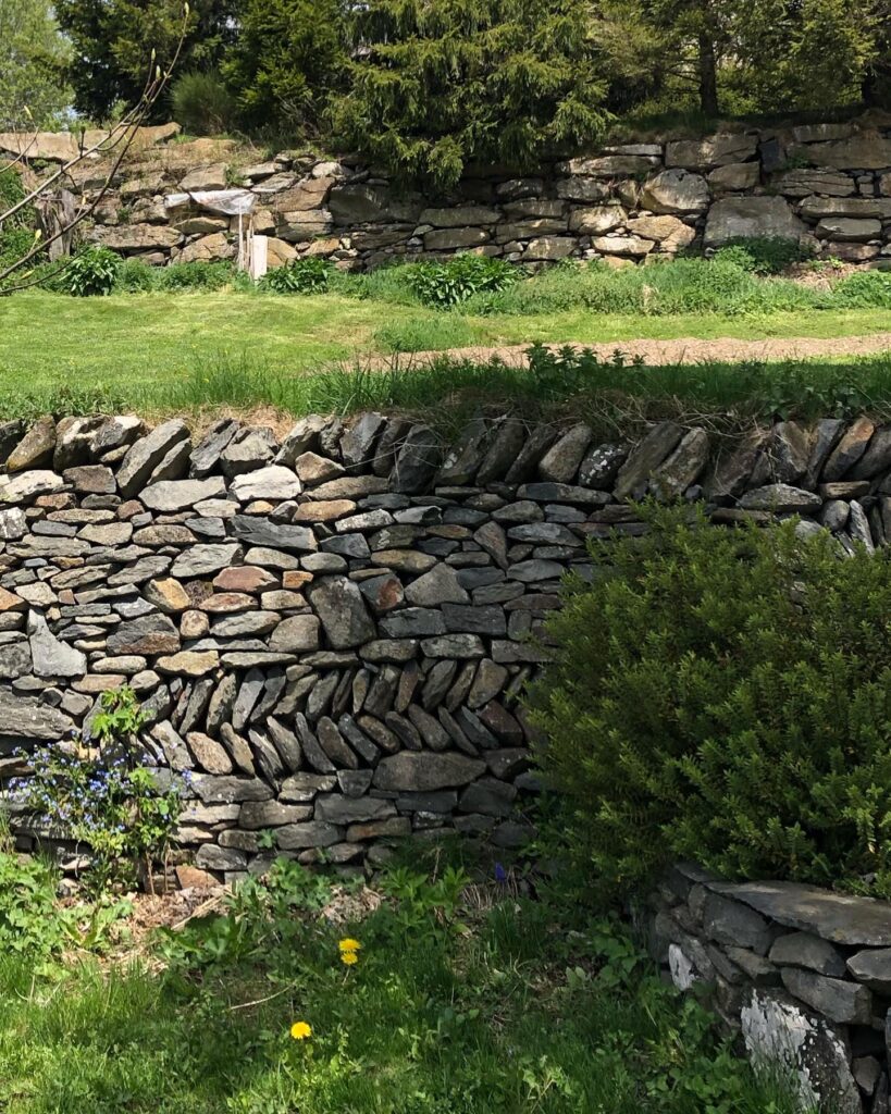 Mur de soutènement en basalte avec assises régulières et spicatum aux Estables