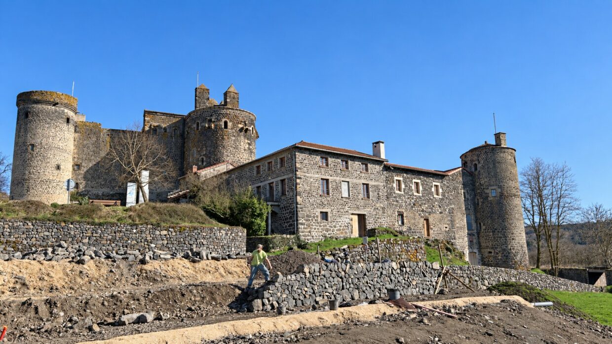 Mur en pierre sèche au château de Saint-Vidal en Haute-Loire